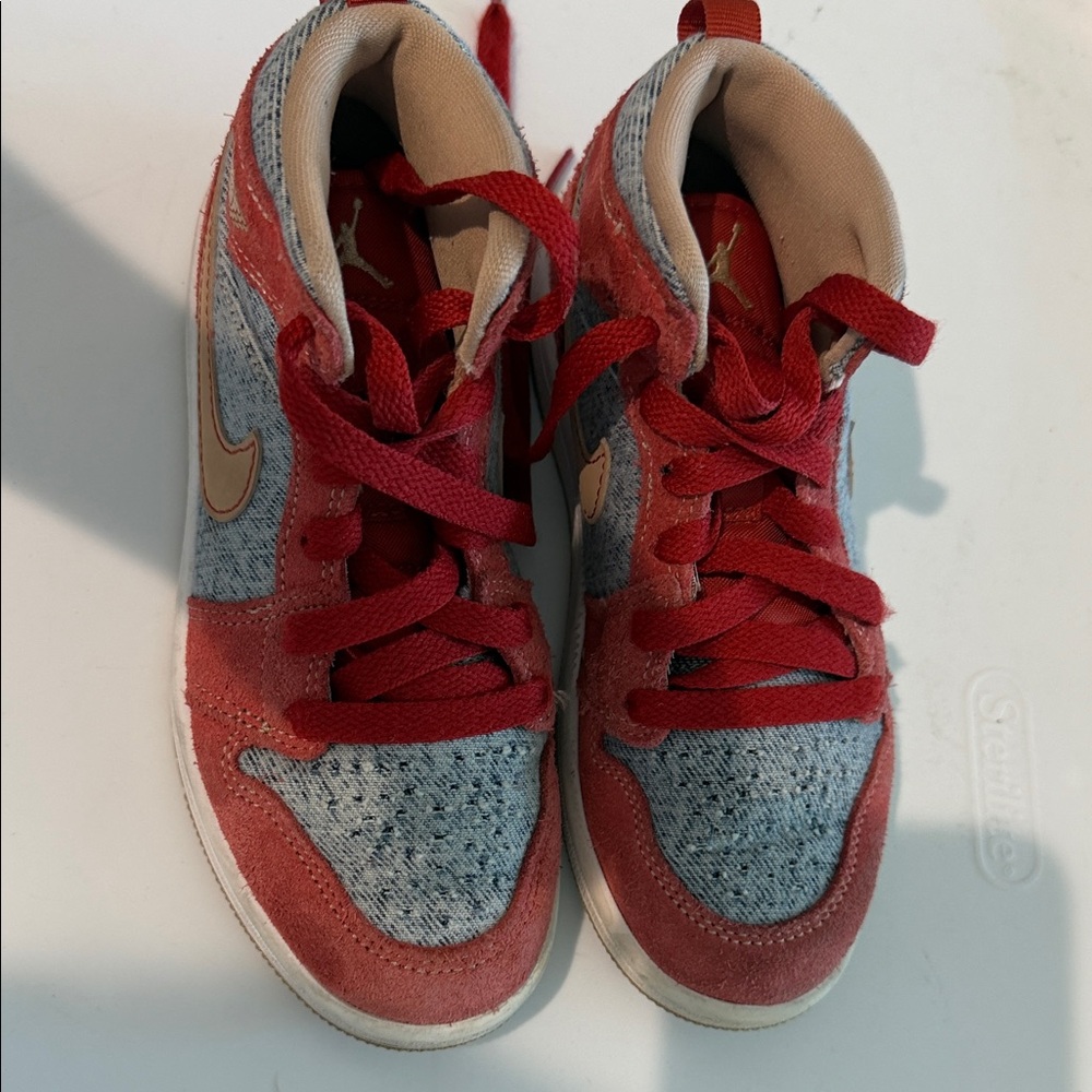 Nike Kids Red and Gray Denim High-Top Sneakers with Tan Swoosh US 13C